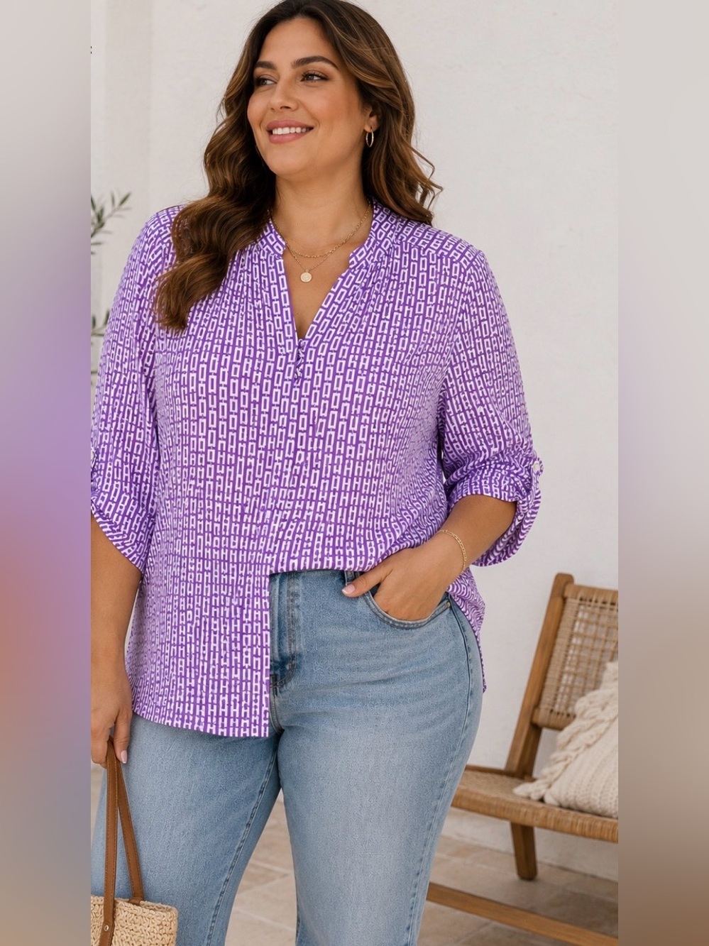Zawary Women Purple Geometric Blouse • Plus Size 2XL • Casual Chic